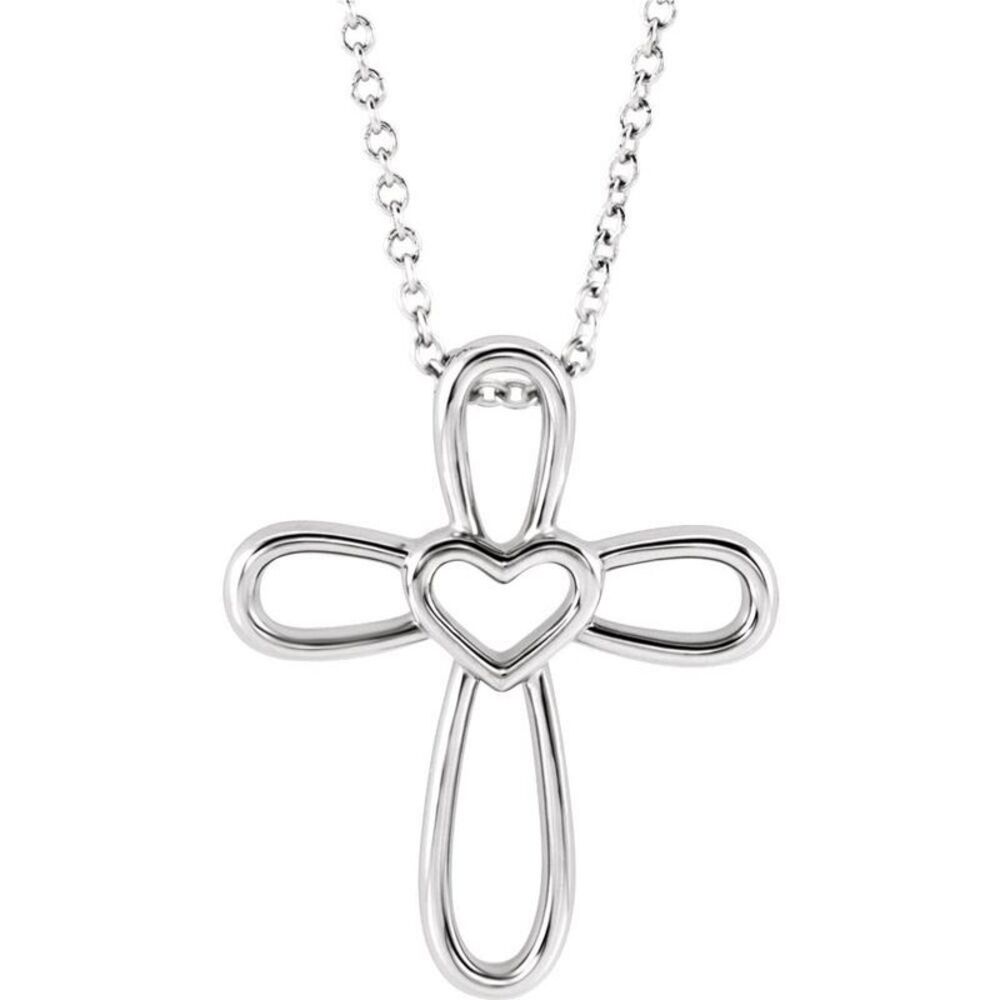 Platinum Looped Heart Cross Necklace, 16-18 Inch
